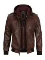 Brown leather jacket with convertible hoodie for all genders