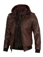 Brown leather jacket with detachable hoodie for men and women