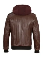 Brown leather jacket with zip-off hood, unisex style