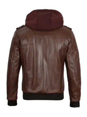 Brown leather jacket with zip-off hood, unisex style
