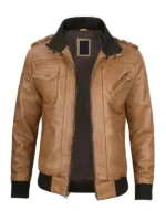 Camel Brown Leather Jacket with Removable Hoodie