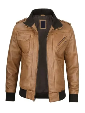 Camel Brown Leather Jacket with Removable Hoodie