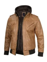 Camel Brown Leather Jacket with Removable Hoodie For Men And Women