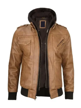 Camel brown leather jacket, removable hood, suitable for men and women