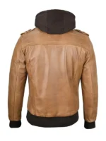 Camel brown leather jacket with convertible hoodie, all-gender style
