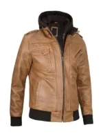 Camel brown leather jacket with detachable hoodie for men and women