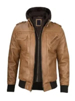 Camel brown leather jacket with removable hood, fits men and women