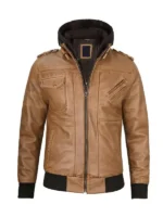Camel brown leather jacket with zip-off hood, unisex design