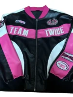 Close front view of Twice Ready To Be Stadium Jacket with Ready To Be patch