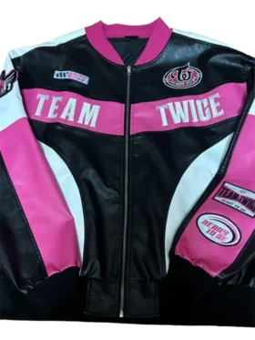 Close front view of Twice Ready To Be Stadium Jacket with Ready To Be patch