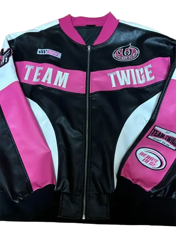 Close front view of Twice Ready To Be Stadium Jacket with Ready To Be patch Close front view of Twice Ready To Be Stadium Jacket with Ready To Be patch