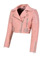 Crop leather baby pink jacket, urban-inspired edgy style
