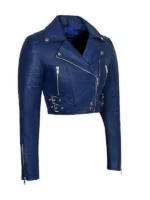 Cropped blue leather jacket, sleek look for every wardrobe