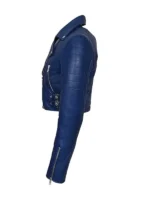 Cropped blue leather jacket, warm autumn fashion trend