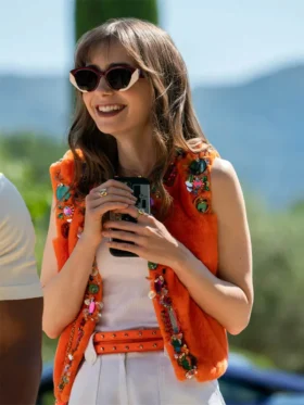 Emily In Paris S03 Lily Collins Orange Embroidered Vest