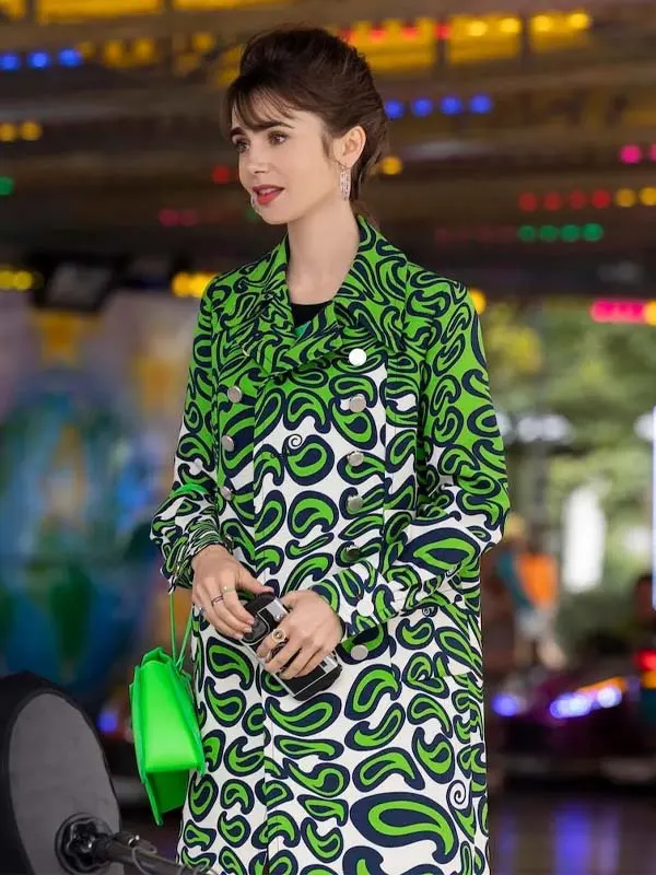 Emily in Paris S03 Lily Collins Green Printed Coat Emily in Paris S03 Lily Collins Green Printed Coat