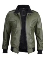 Green Leather Jacket with Removable Hoodie