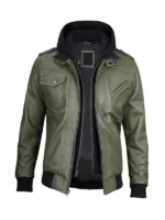 Green Leather Jacket with Removable Hoodie For Men And Women