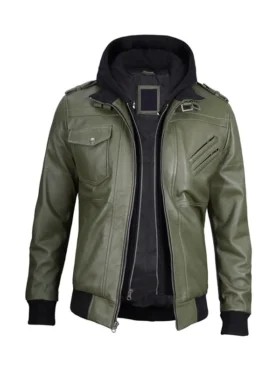 Green Leather Jacket with Removable Hoodie For Men And Women
