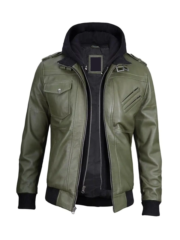 Green Leather Jacket with Removable Hoodie For Men And Women Green Leather Jacket with Removable Hoodie For Men And Women