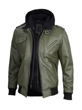 Green leather jacket, hooded and removable