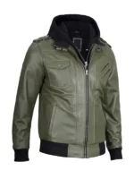 Green leather jacket with convertible hoodie