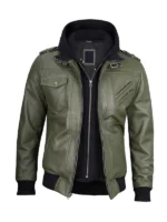 Green leather jacket with removable hood