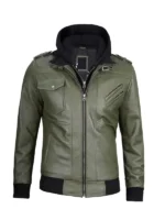 Green leather jacket with zip-off hood