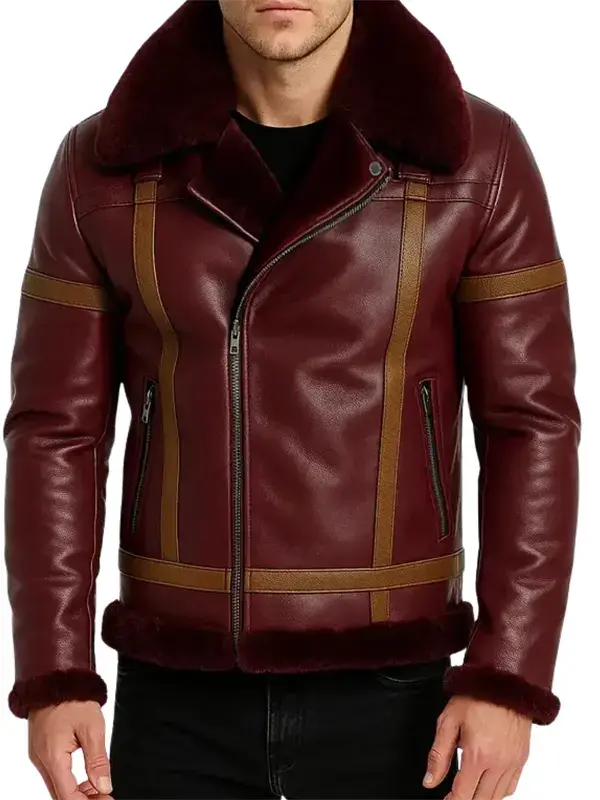Mens Maroon Shearling Leather Winter Jacket