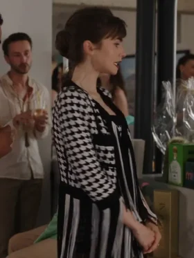 TV Series Emily In Paris S03 Lily Collins Fringed Houndstooth Jacket