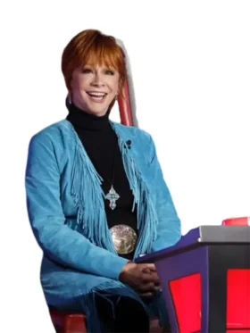 The Voice S28 Reba McEntire Blue Fringe Coat styled with black outfit and silver belt on The Voice Season 28 stage