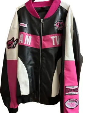 Twice Ready To Be Stadium Jacket front side in pink, black and white with Team Twice logo
