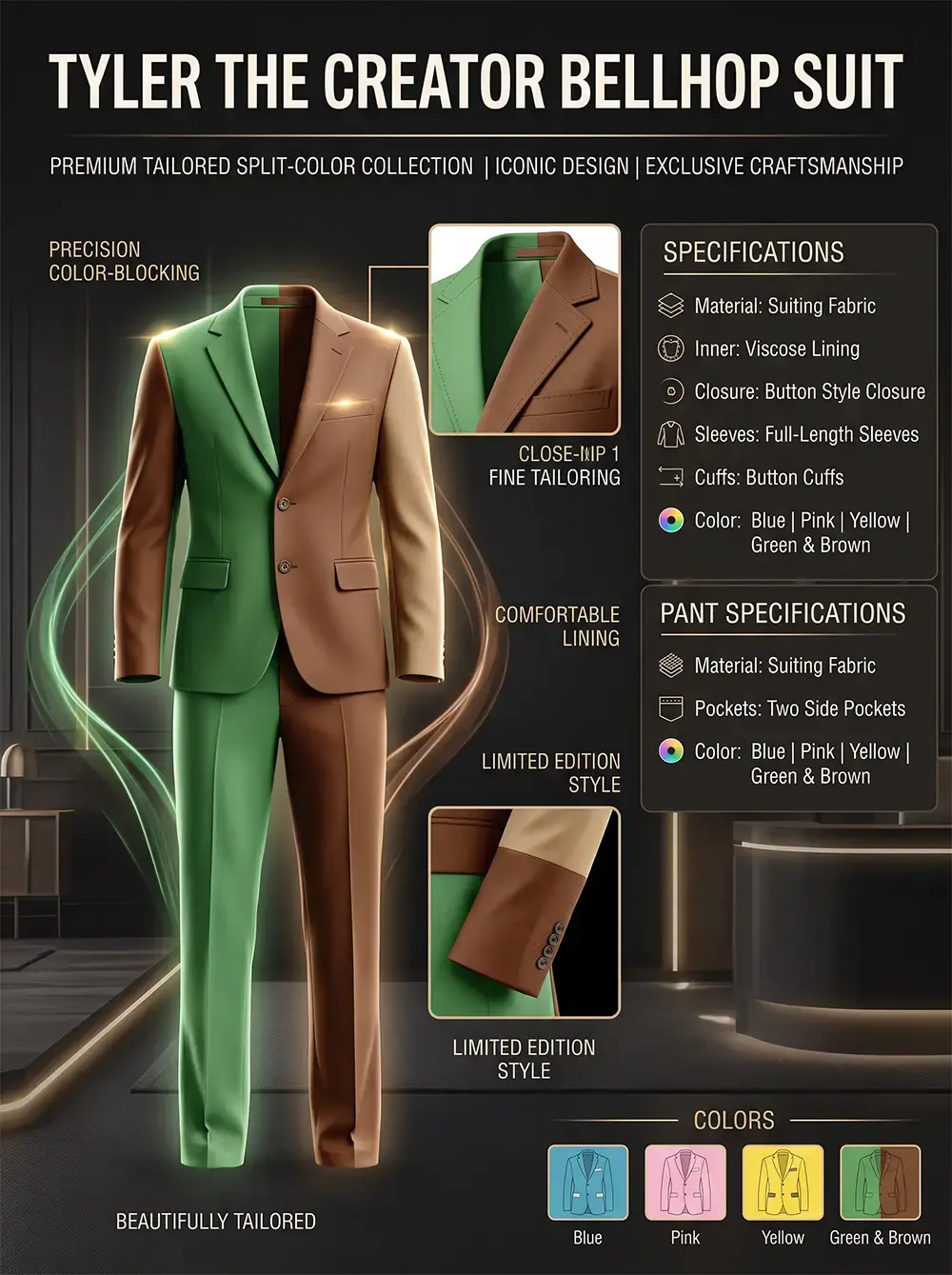 Product specifications infographic for a split-color suit divided vertically down the middle into green and brown halves, featuring detailed close-ups of the notched lapel collar, buttoned cuffs, and multiple color swatches.