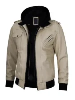 Unisex Beige Leather Jacket with Removable Hoodie