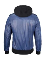 Unisex Blue Leather Jacket with Removable Hoodie