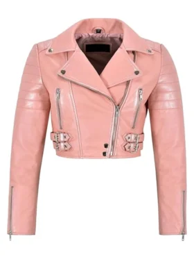 Womens Baby Pink Cropped Leather Jacket