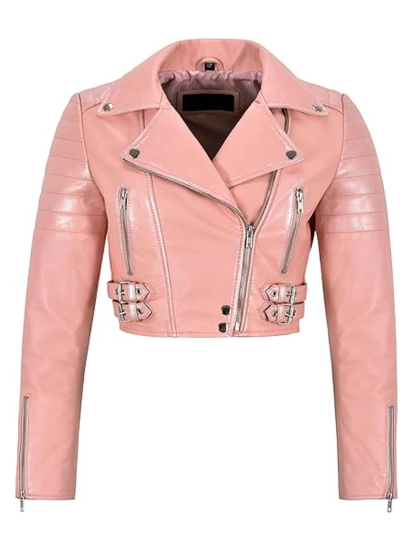 Womens Baby Pink Cropped Leather Jacket Womens Baby Pink Cropped Leather Jacket