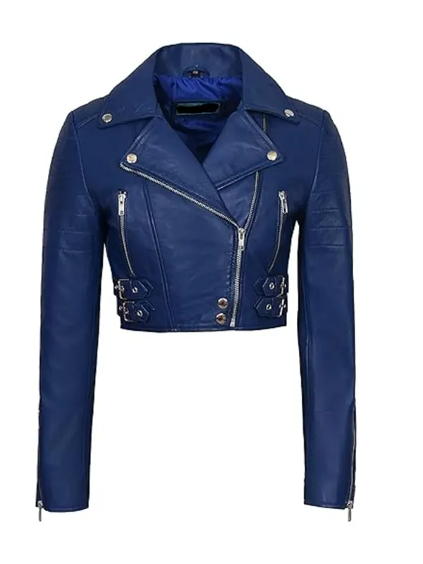 Womens Blue Cropped Leather Jacket Womens Blue Cropped Leather Jacket