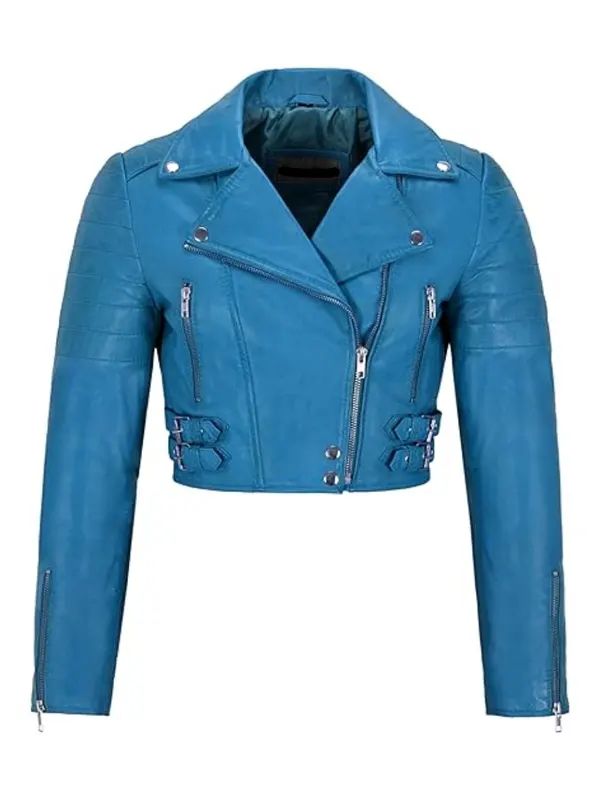 Womens Light Blue Cropped Leather Jacket Womens Light Blue Cropped Leather Jacket