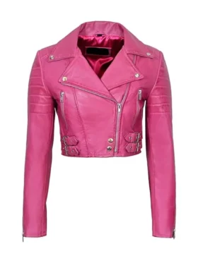 Womens Pink Cropped Leather Jacket