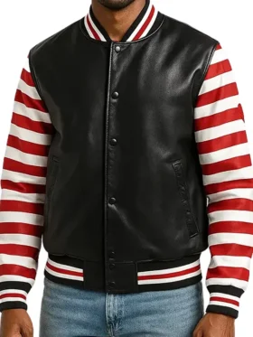 men’s black and red striped Leather Varsity Jacket