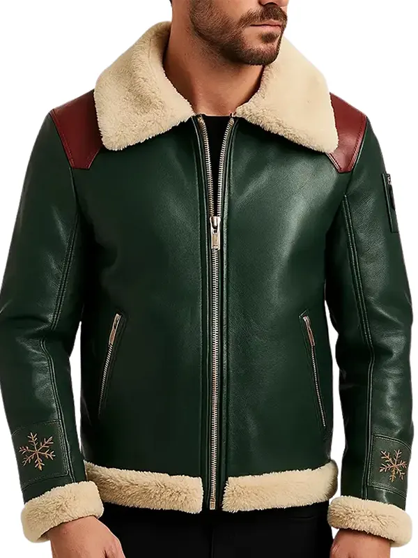 men’s green shearling leather Christmas jacket