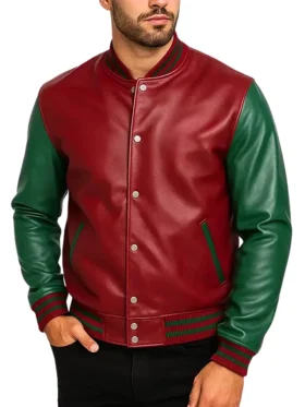 men’s maroon and green varsity jacket