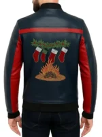 men’s red and blue leather jacket