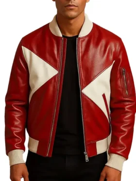 men’s red and white leather jacket