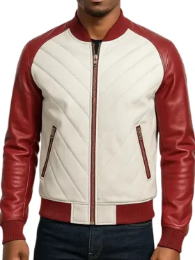 men’s white and Red Leather Bomber Jacket