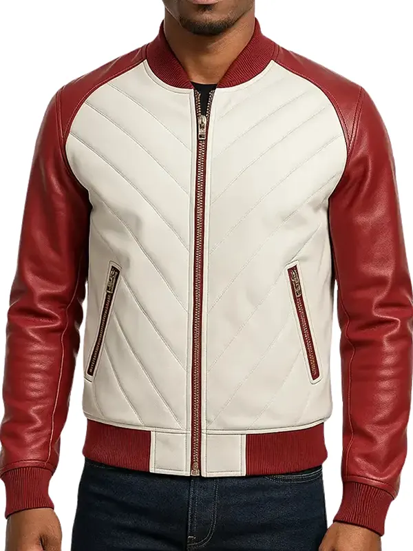 men’s white and red leather jacket men’s white and Red Leather Bomber Jacket