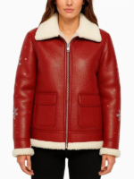 Red shearling leather jacket for women