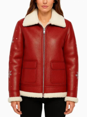 Red shearling leather jacket for women
