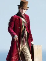 A detailed view of the long, regal purple coat Willy Wonka Coat wears in the film.